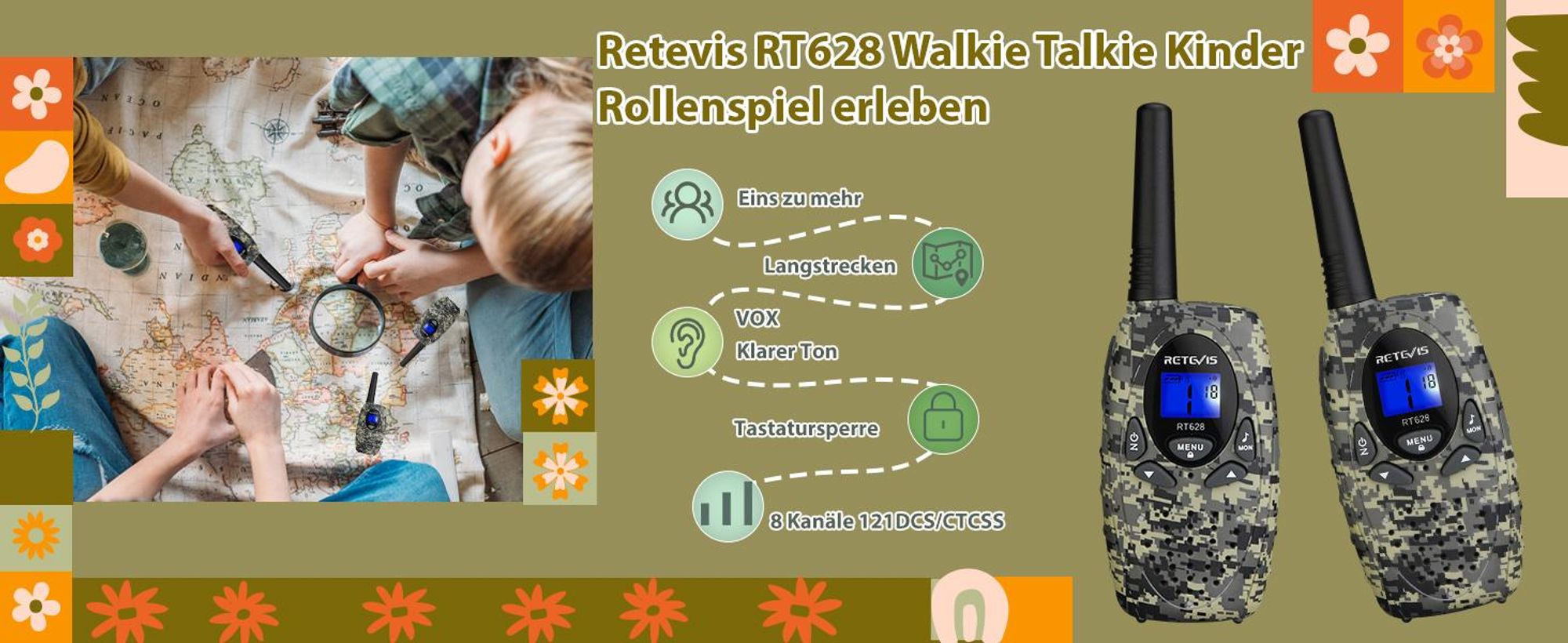 Retevis RT628 Walkie Talkie Kinder, 8 Kanäle VOX LCD Display, DCS/CTCSS, Geschenke Kinder für Jungen und Mädchen im 6–12 Jahren für Camping