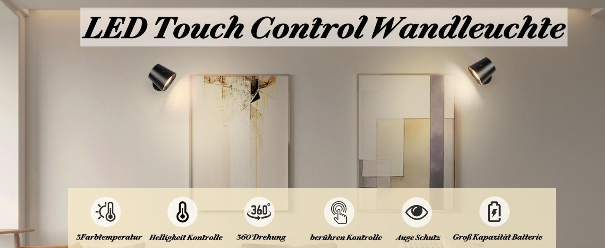 ZMH LED Wandleuchte Schwarz 1ER Innen Wandlampe Akku Touch Control 360° Drehbare 3 Helligkeitsstufen Kabellose Für Kinder Wohnzimmer Schlafzimmer Flur