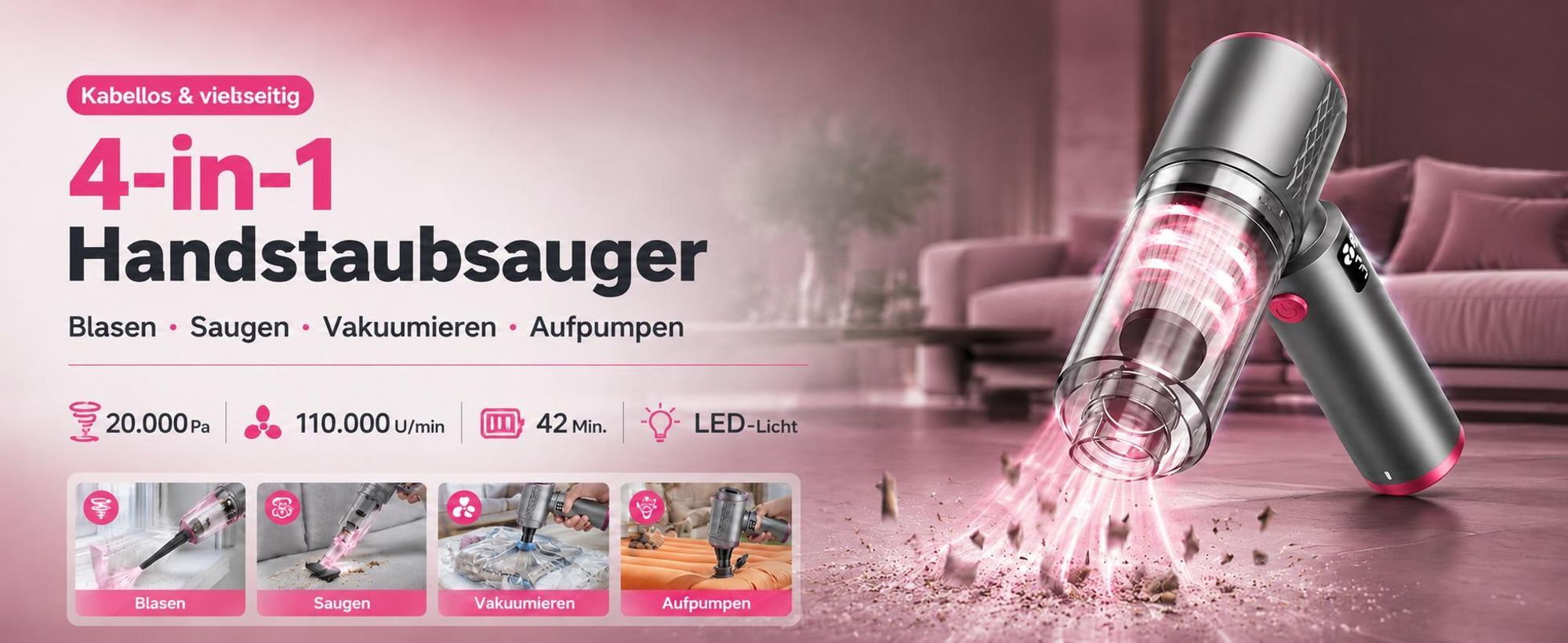 4-In-1 Handstaubsauger, 20000PA Akku-Handstaubsauger, LED kabelloser Autostaubsauger,Staubsauger&Gebläse, Mini Staubsauger für Auto, Zuhause, Haustier