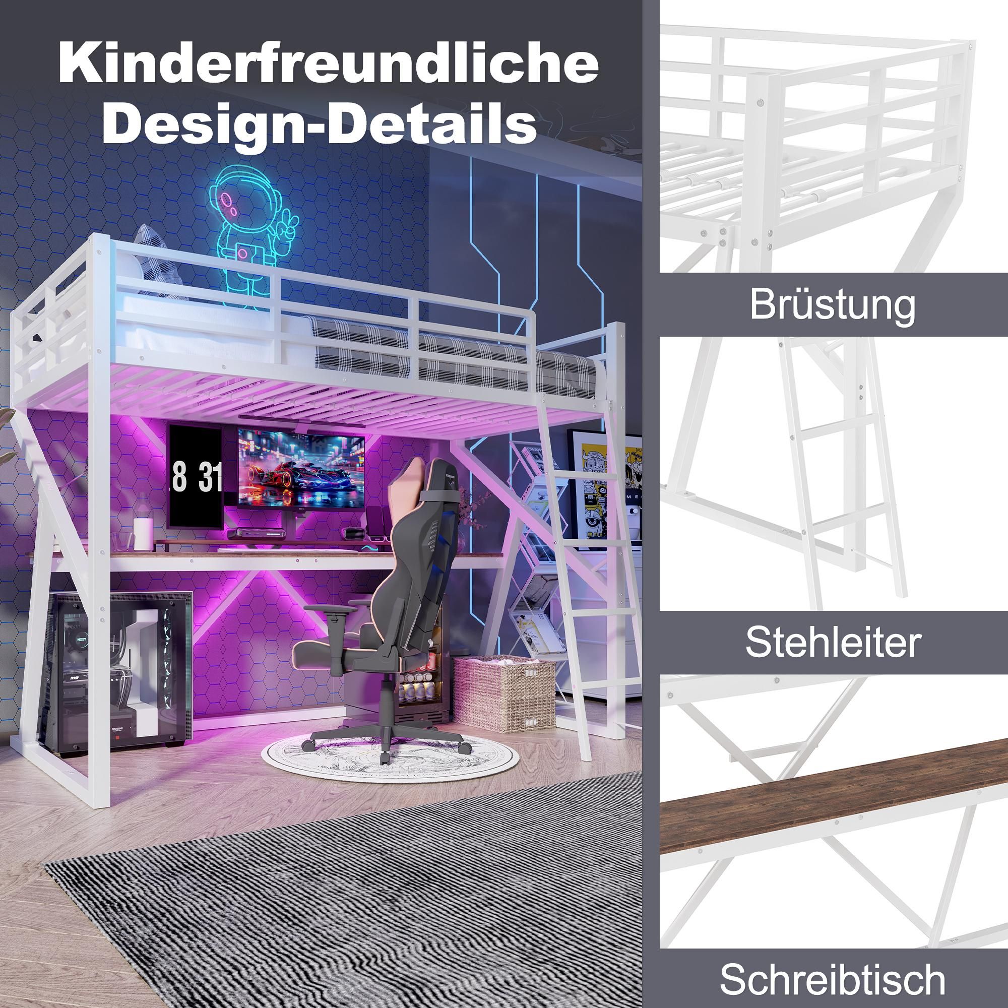 Merax Etagenbett Hochbett 90x200 cm, Eisenrahmen mit LED-Leiste, Schreibtisch, Stockbett, Kinderbett, Jugendbett Eisenbett, Weiß