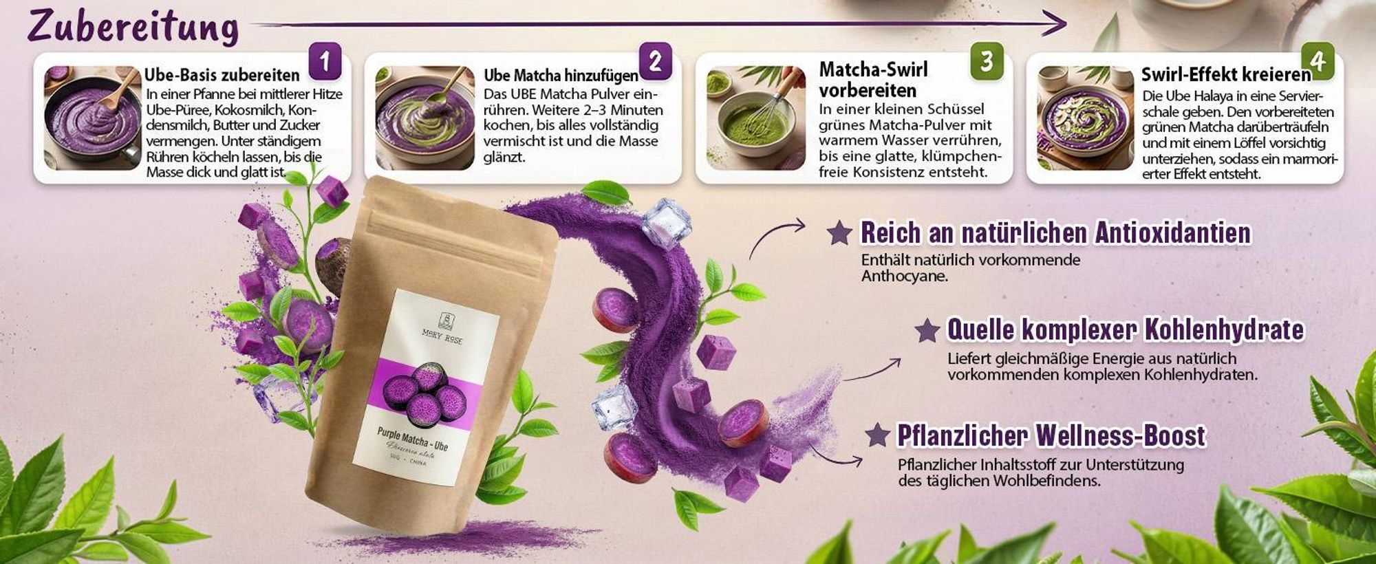 Mary Rose - Purple Matcha Tee Ube Pulver 100g - Lila Yamswurzel - Koffeinfrei - Für Latte, Gebäck - Lebensmittelfarbstoff - Vanille-Nuss-Geschmack