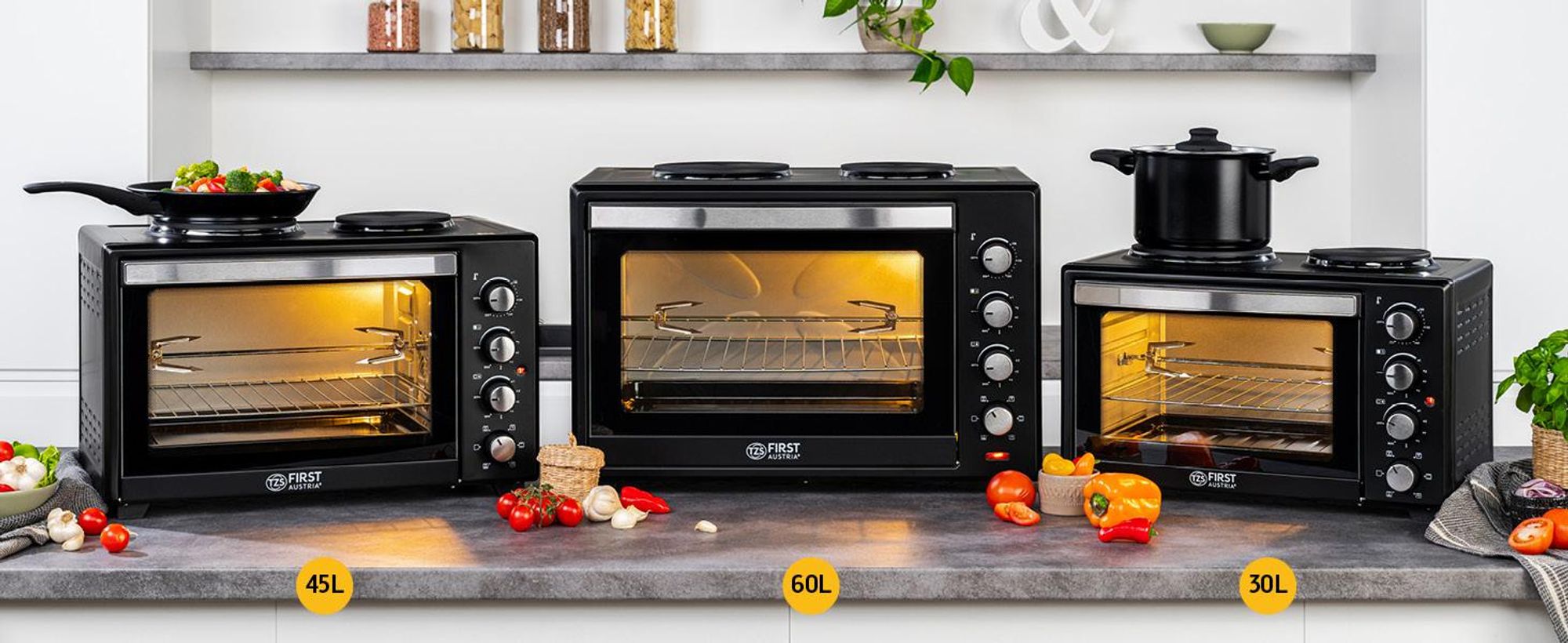 TZS First Austria - Mini Backofen mit Kochplatten 45L 3200W - Premium-X Coating - Temperaturregelung bis 230°C - 3 Einschubhöhen
