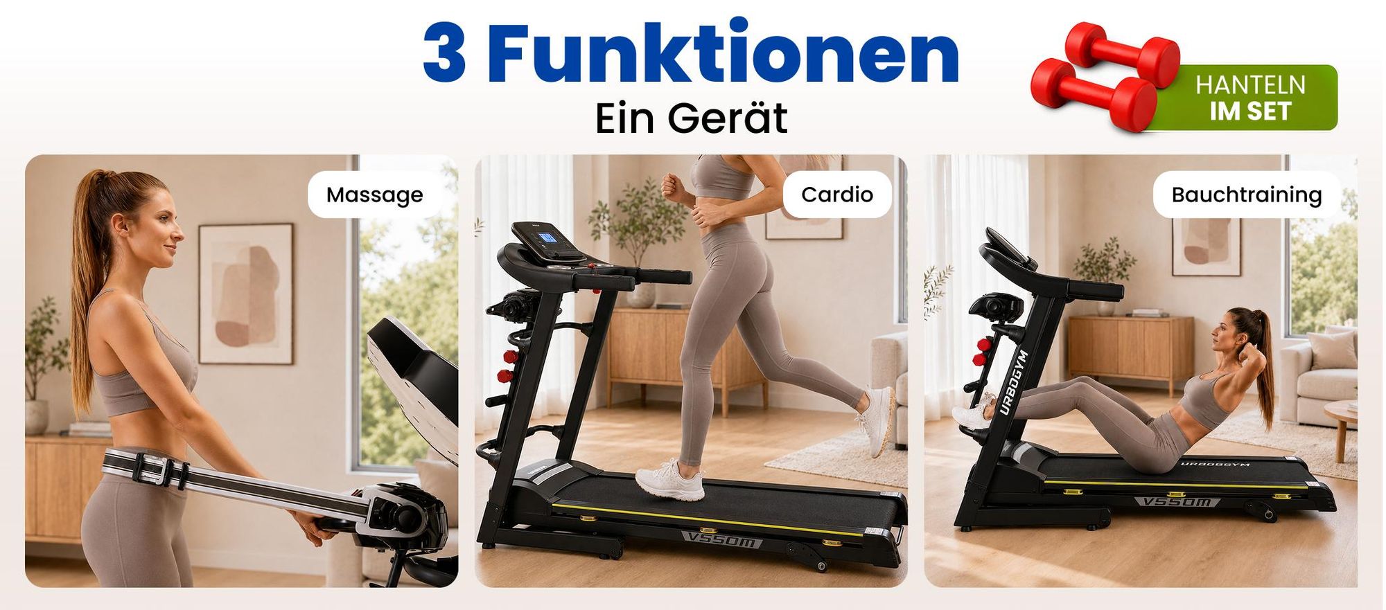 URBOGYM V550M elektrisches Laufband mit Massagegurt, Bauchtrainer, 15 km/h, 130 kg, 12 Programme, FITSHOW-App, klappbar