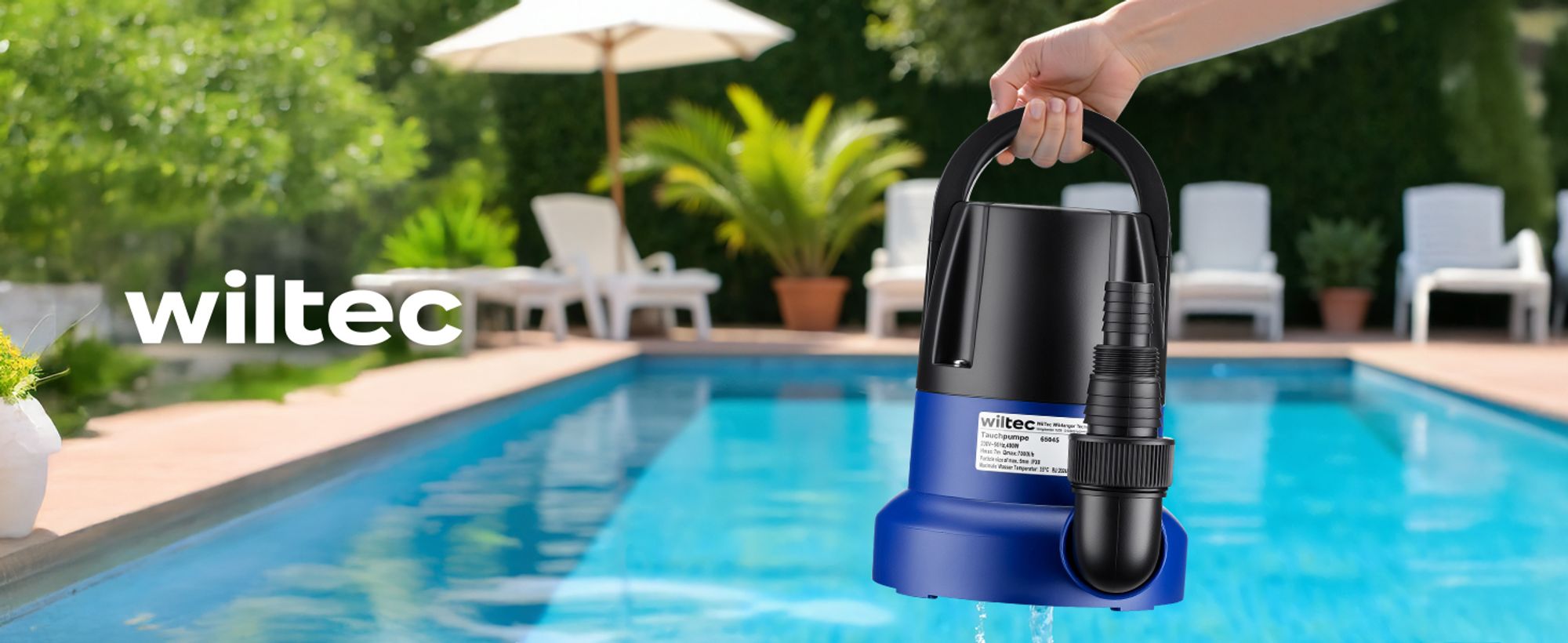 Wiltec Tauchpumpe 400 W, Schmutzwasserpumpe mit max. Fördermenge 7000 l/h, Pumpe zum Absaugen von Wasser max. Förderhöhe 7 m, Flachsaugpumpe für Keller