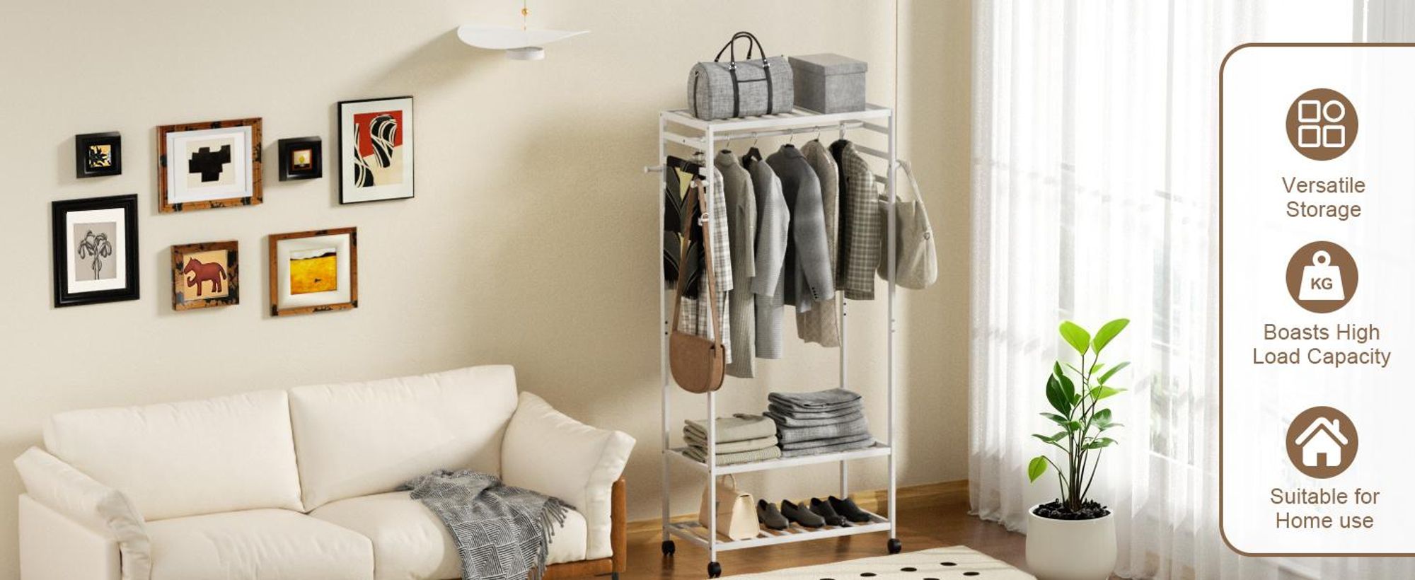 WISFOR Rollgarderobe Kleiderständer Holz mit Kleiderstange und Ablagen, Garderobenständer Rollbar Garderobe Ständer mit Haken und Schuhregal