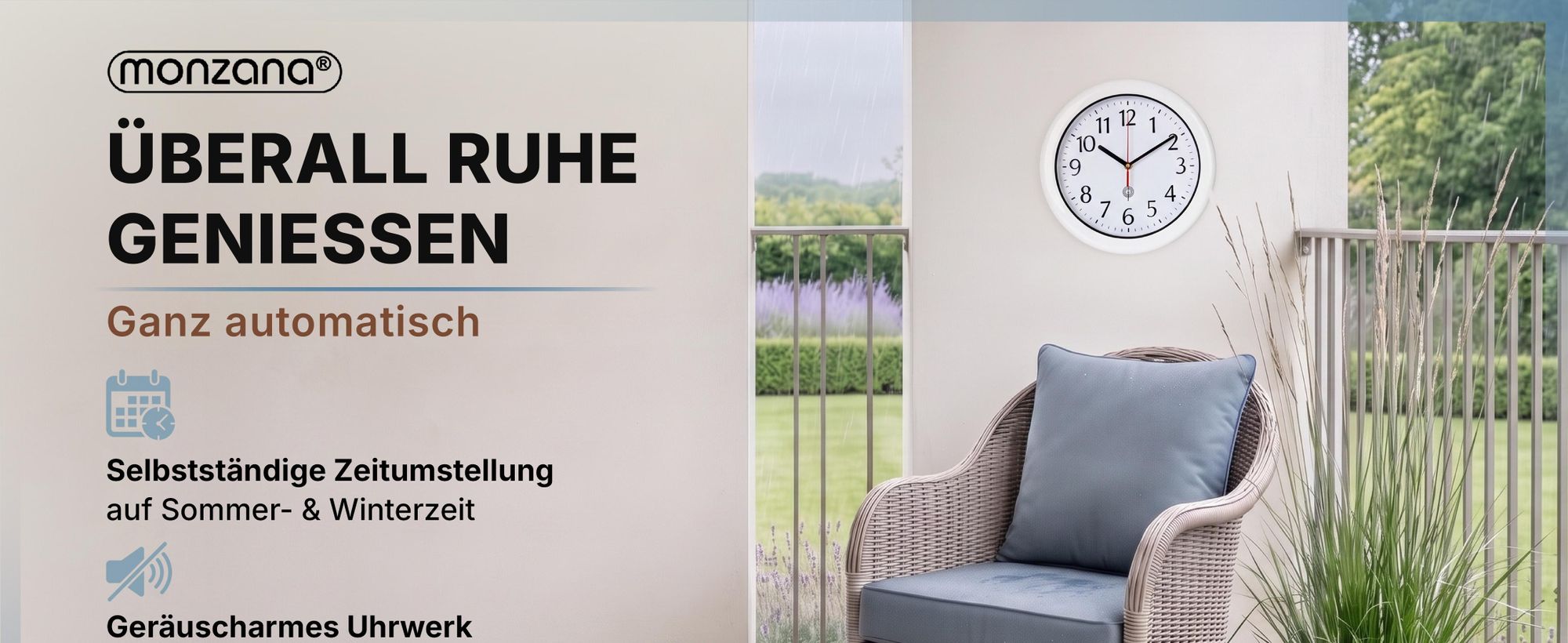 MONZANA® Wanduhr Funk Wasserdicht Groß 30cm Modern mit Batterien Küchenuhr Analog Zeitumstellung automatisch Haushalt Funkuhr Weiß