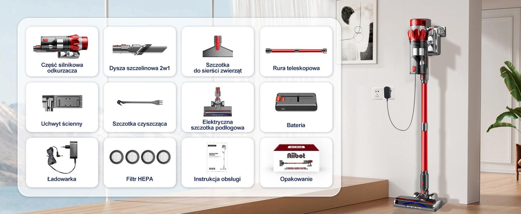 Odkurzacz akumulatorowy Aiibot, 85 000 Pa/80 min/750 W, bezprzewodowy z wyświetlaczem Smart Display, ultracichy odkurzacz (50 dB) z szczotką zapobiegającą plątaniu się włosów, 3 tryby ssania