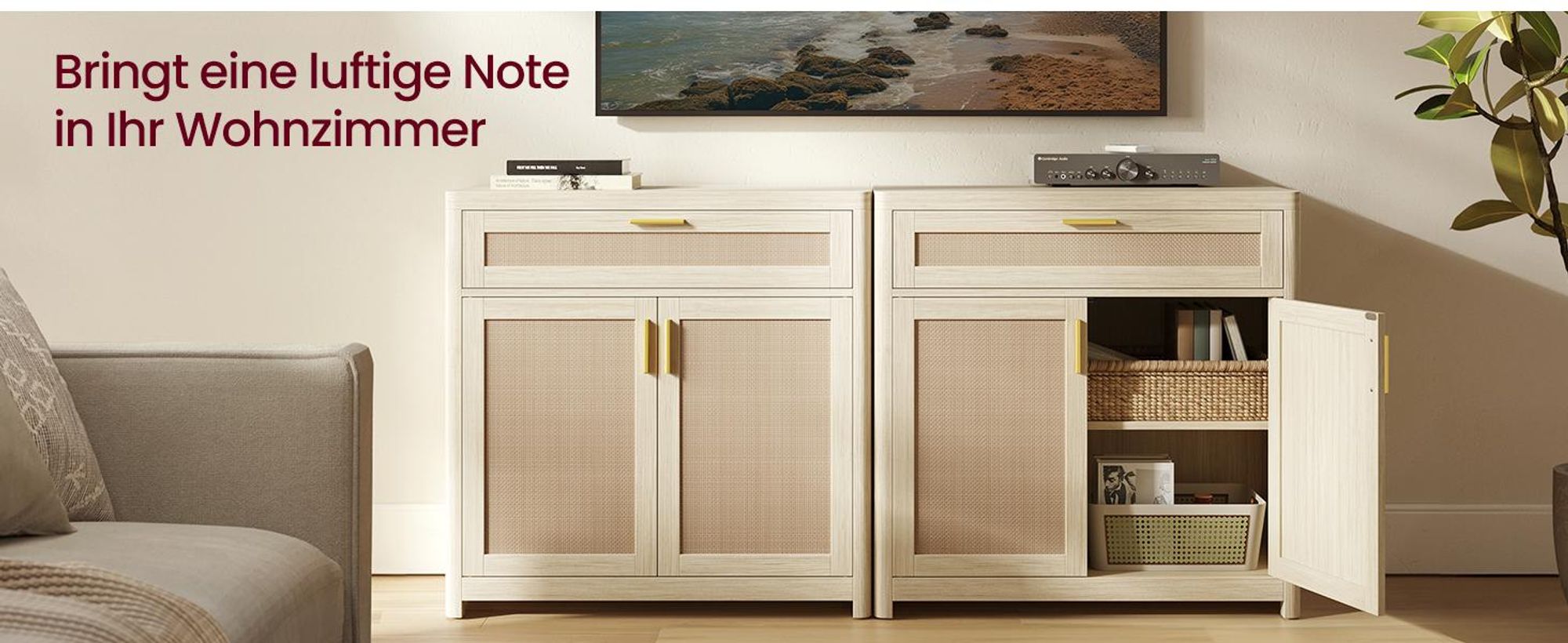 VASAGLE Küchenschrank im Boho-Stil, Türen Rattan-Optik, Sideboard, verstellbare Ablage, Schublade, Wohnzimmer, beige