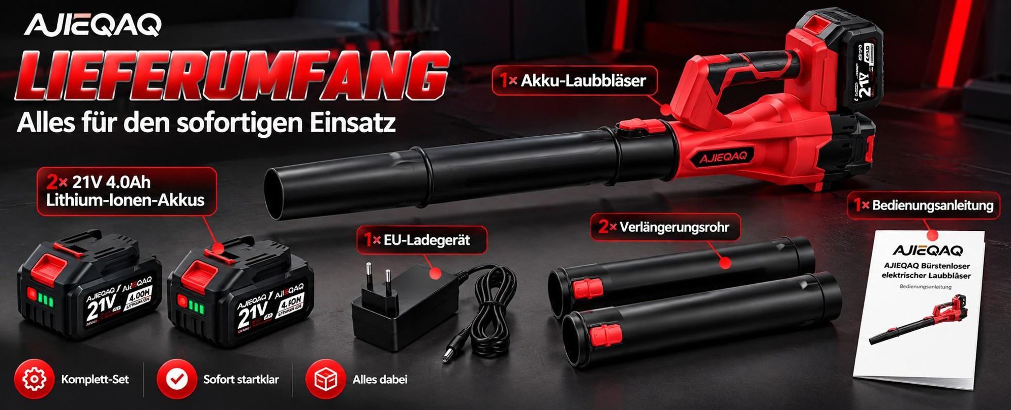 1000W Akku-Laubbläser 21V Brushless, 2×4,0Ah Akkus, 360 km/h, 6 Stufen mit Turbo,  kabelloser Laubbläser mit 2 Rohren