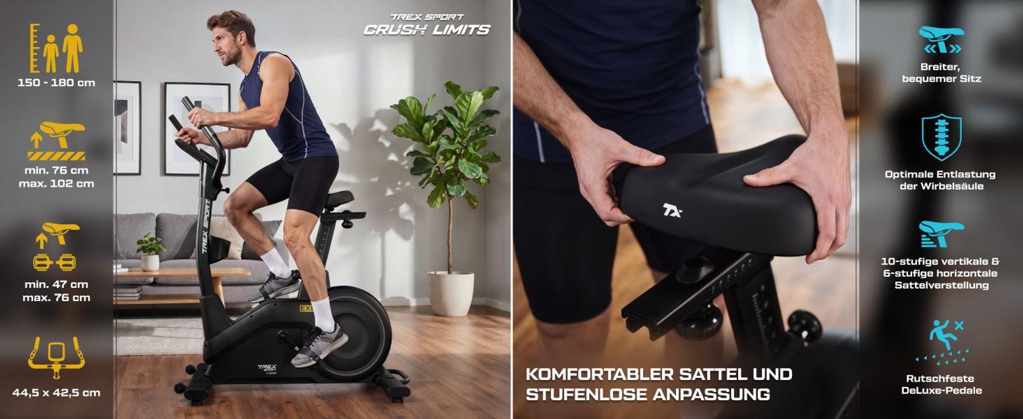 TREX SPORT Heimtrainer Fahrrad TX-950EB EXEN | Elektromagnetisches Fitnessbike mit 32-stufigem Widerstand | 21 Programme, ergonomisch, bis 150 kg