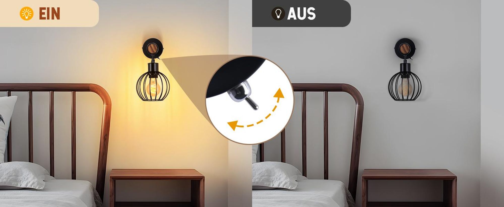 ZMH Wandleuchte Schwarz Vintage Wandlampe Holz mit Schalter Wandbeleuchtung im industrial E27 Wandstrahler Metall Retro Bettlampe Ohne Leuchtmittel