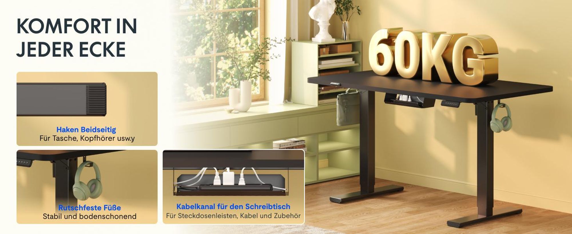 FLEXISPOT QE1 Höhenverstellbarer Schreibtisch 120x60cm EINTEILIGE TISCHPLATTE, 4 Memory-Funktion, Antikollisionsschutz, Haken&Kabelmanagement(Schwarz)