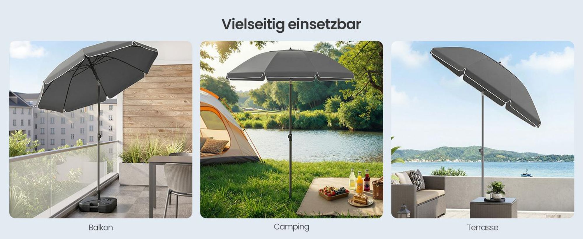 SONGMICS Strandschirm höhenverstellbar, UV-Schutz UPF 50+, Sonnenschirm mit Tragetasche, für Garten, ohne Ständer, grau