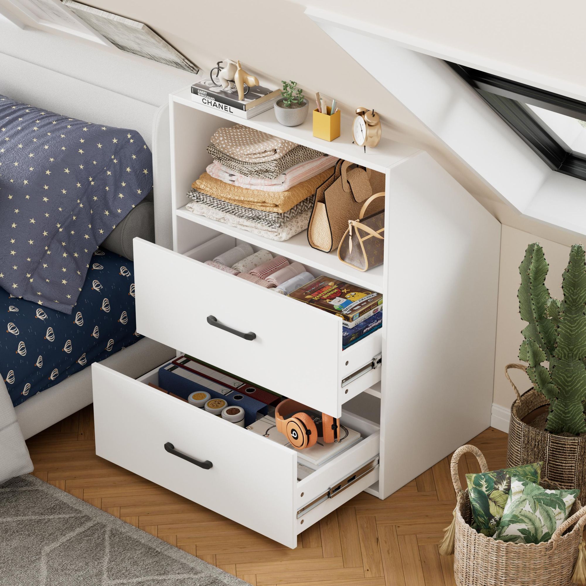 TWSOUL Regal Dachschrägenregal,Dachschrägenschrank mit 2 Schubladen & offenem Fach Weiß – Platzsparender Schrägschrank für Dachzimmer