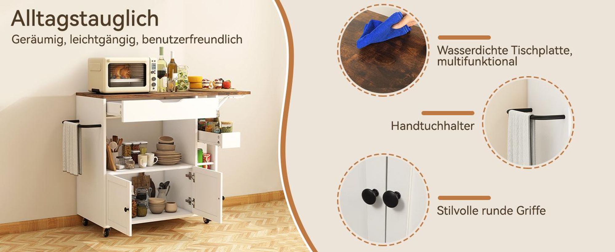 Puluomis Küchenwagen Servierwagen mit erweiterbare Arbeitsplatte, Handtuchhalter, 360° Rollen mit Bremsen, 104x40x89 cm, Mobiler Wagen mit Gewürzregal