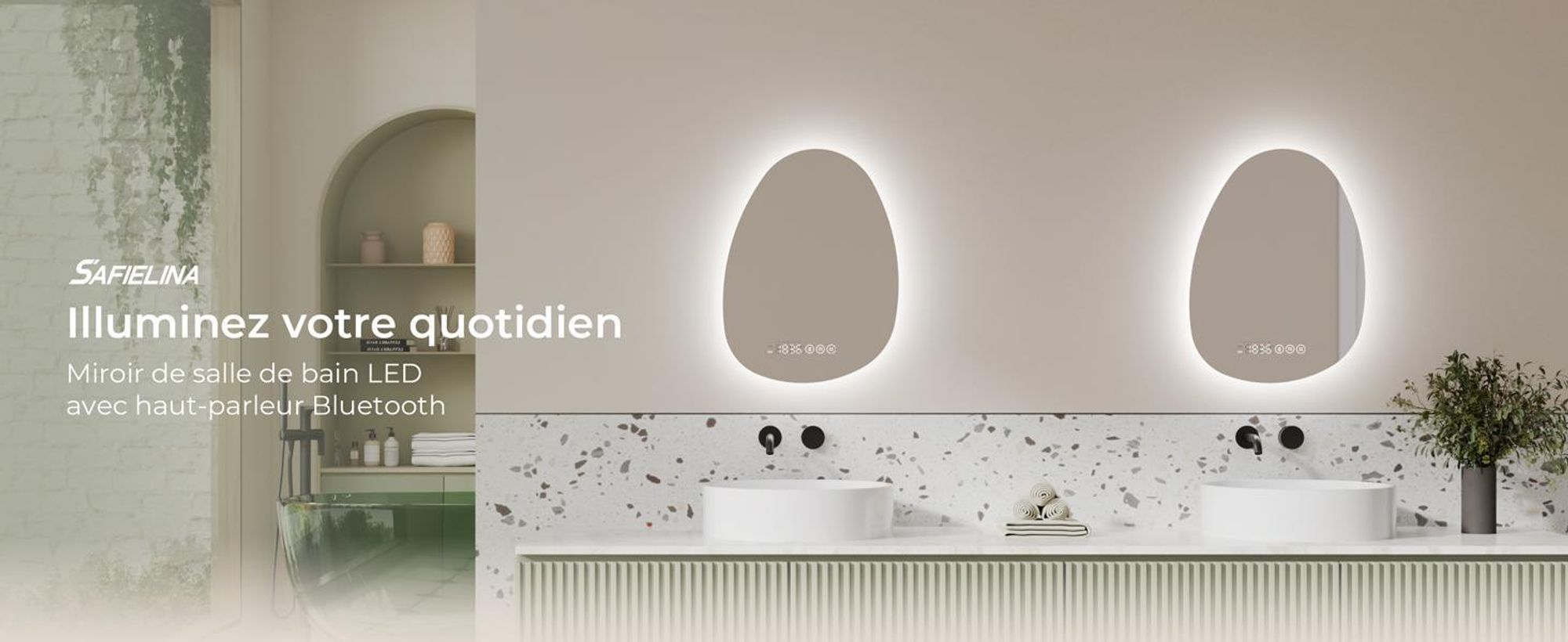 S'AFIELINA Miroir de salle de bain 75 x 55 cm avec éclairage Asymétrique avec 3 couleurs de lumière réglable, antibuée, Bluetooth, horloge, température, fonction mémoire