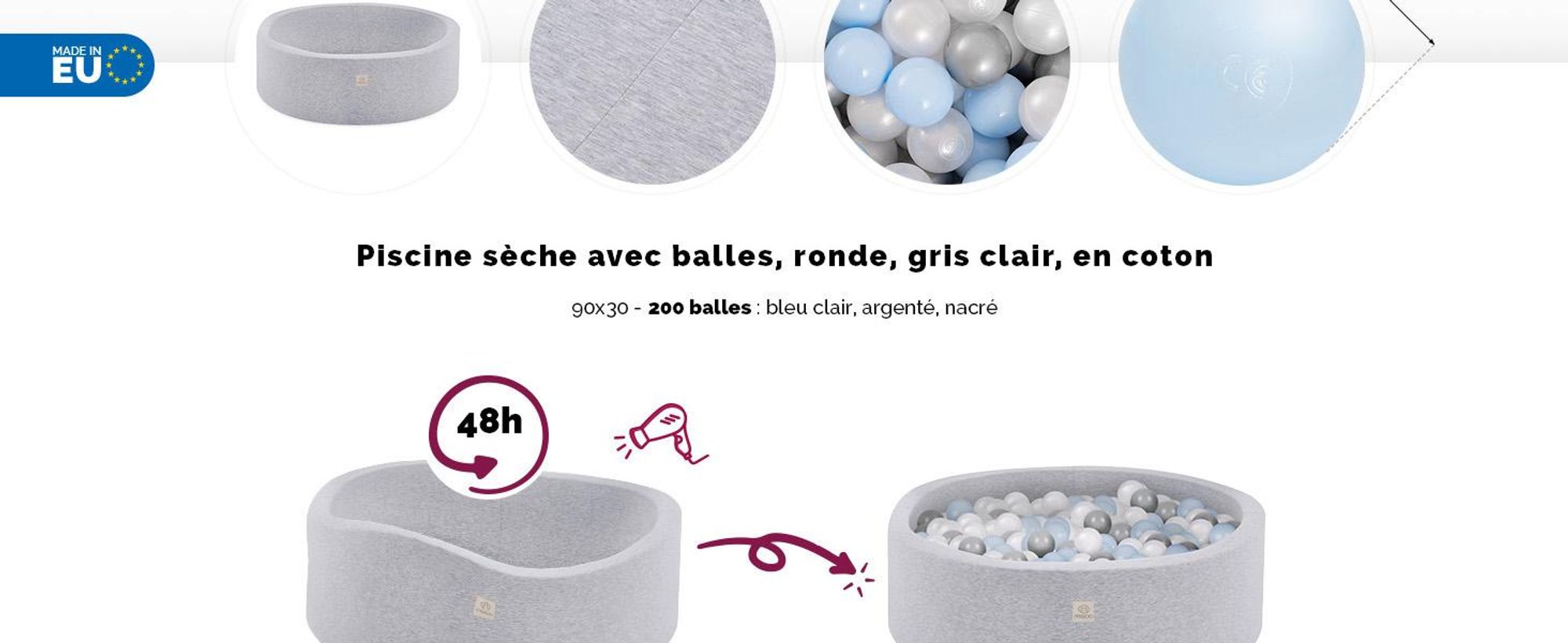 MISIOO Smart Piscine à balles 90 x 30 cm/200 balles - Piscine à balles enfants pour chambre de bébé - Balles pour piscine à balles - Jouets bébé - Gris clair : Bleu clair/Perles/argent