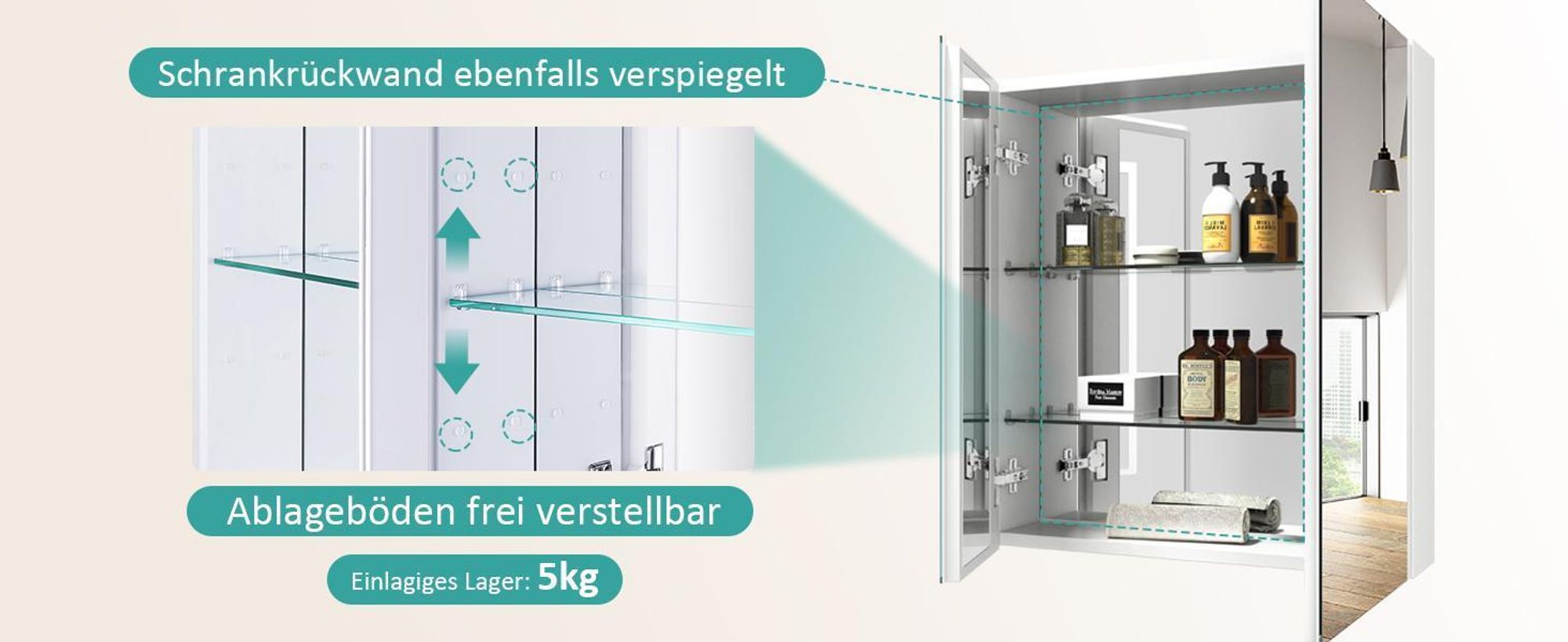 EMKE Spiegelschrank und Spiegellampen,60x65x14.5cm 2 Glasböden Weiß Badspiegelschrank und Weiß Wandleuchten Neutral Licht 4200k