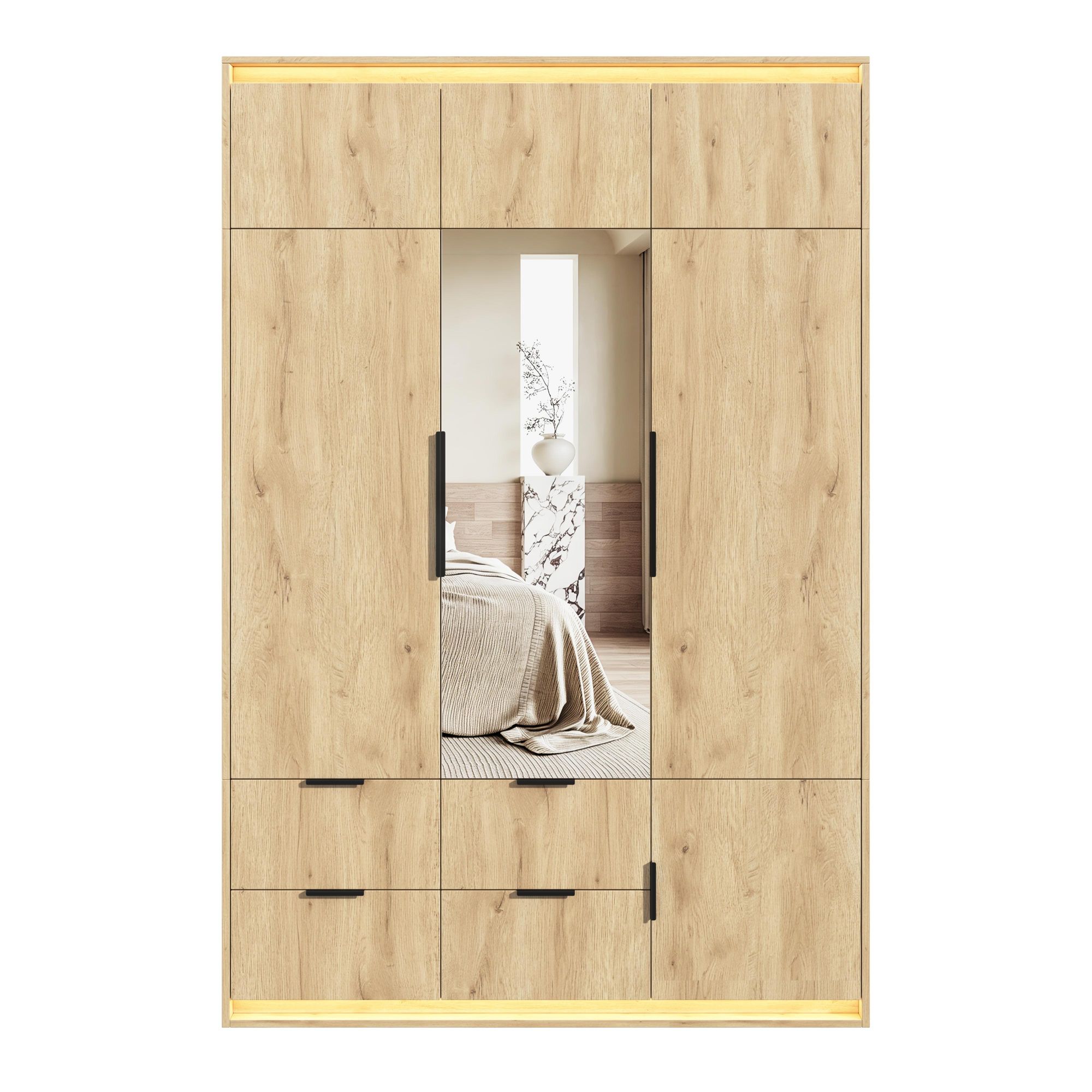 Flieks Kleiderschrank mit Kleiderstange, Garderobe mit LED-Beleuchtung und Schubladen, Hochschrank mit Spiegel und Staufächern,135x47x200cm,Natur,Holz