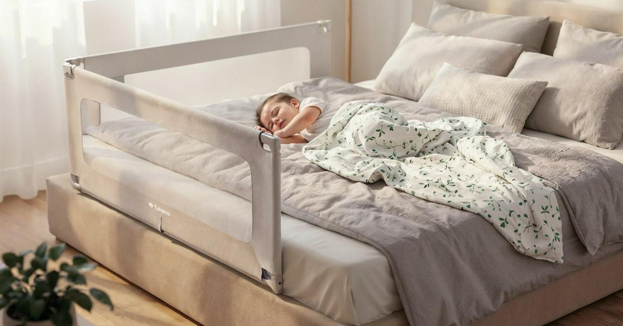 Tulano Cover 40 Grey-White Sicherheitsgitter für Kinderbetten, 200 cm, höhenverstellbar, klappbar, weiß-grau