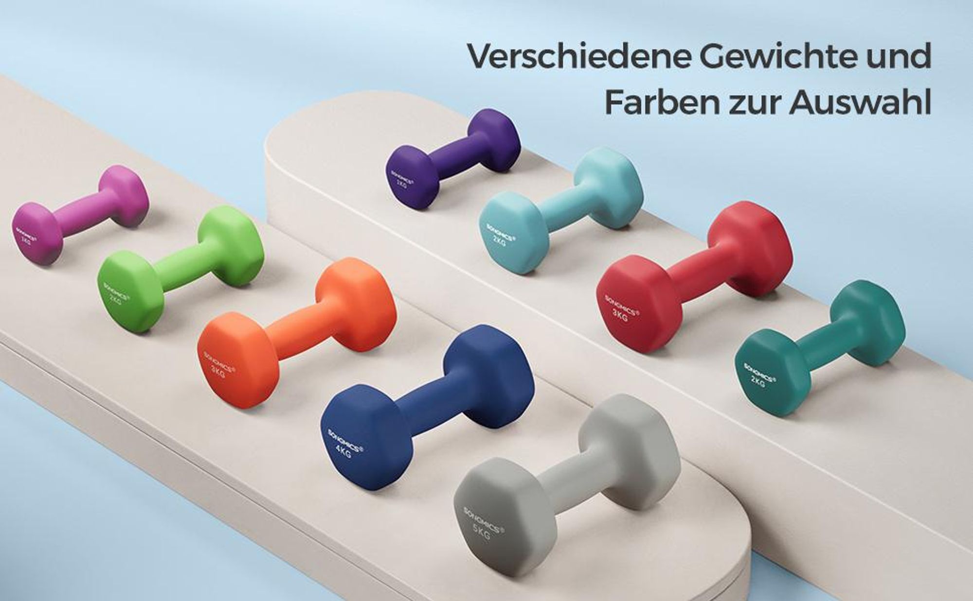 SONGMICS Hanteln, 2er Set, 2 x 5 kg, Hantelset, Kurzhanteln, Hexagon, Neopren-Beschichtung, Krafttraining, Workout, Fitnesstraining, für Zuhause, blau
