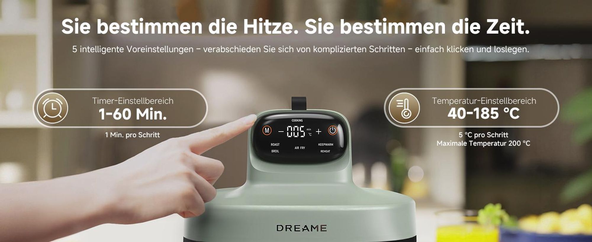 Dreame Tasti AirFryer 5-in-1 Heißluftfritteuse, 6mm starkes,tragbares Borosilikatglas,3D-Heißluftzirkulation,spülmaschinenfest,360° Sicht,2.5l ,Grün