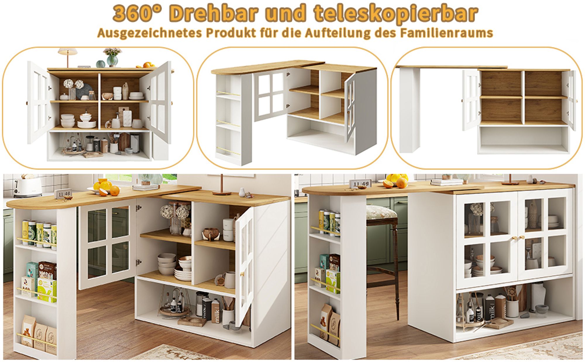 Flieks multifunktionaler Bartisch 360°drehbar, Stehtisch mit Sideboard, Küchentisch ausziehbar, Kaffeebar mit Schrank, Sideboard mit Glastür, weiß