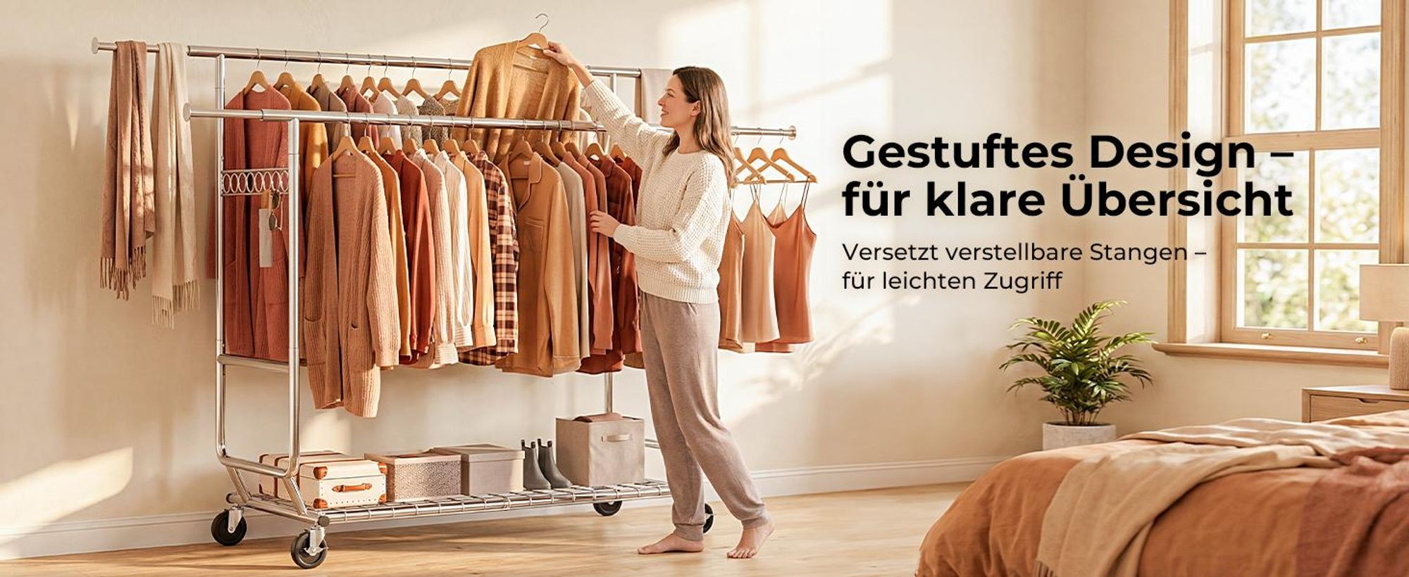 HOKEEPER Profi Doppelter Kleiderständer, bis 272 kg belastbar, Schwerlast Kleiderstange auf rollen, Industrie-Design, Garderobenständer