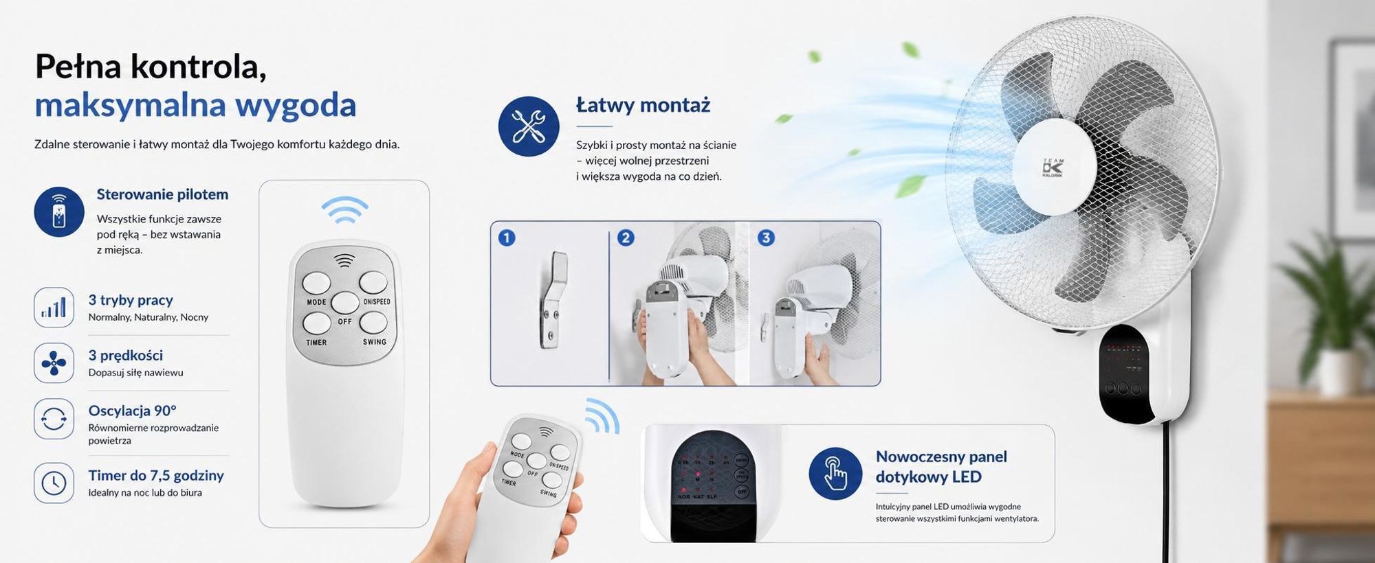 Wentylator Ścienny Z Zdalnym Sterowaniem Biały 45W Czasomierz Oscylacji