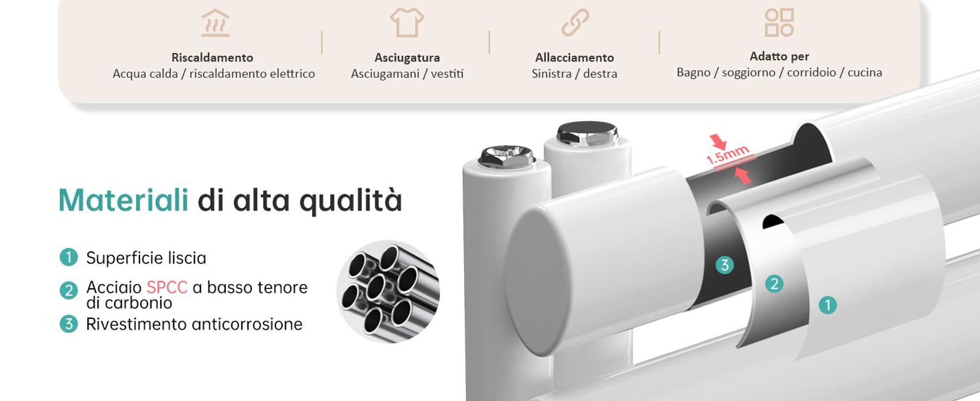 Radiatore da bagno EMKE Radiatore tubolare Asciugamano tubolare ovale Scaldasalviette Attacco laterale verticale per l'acqua Bianco 143×40 cm 484W senza elemento riscaldante