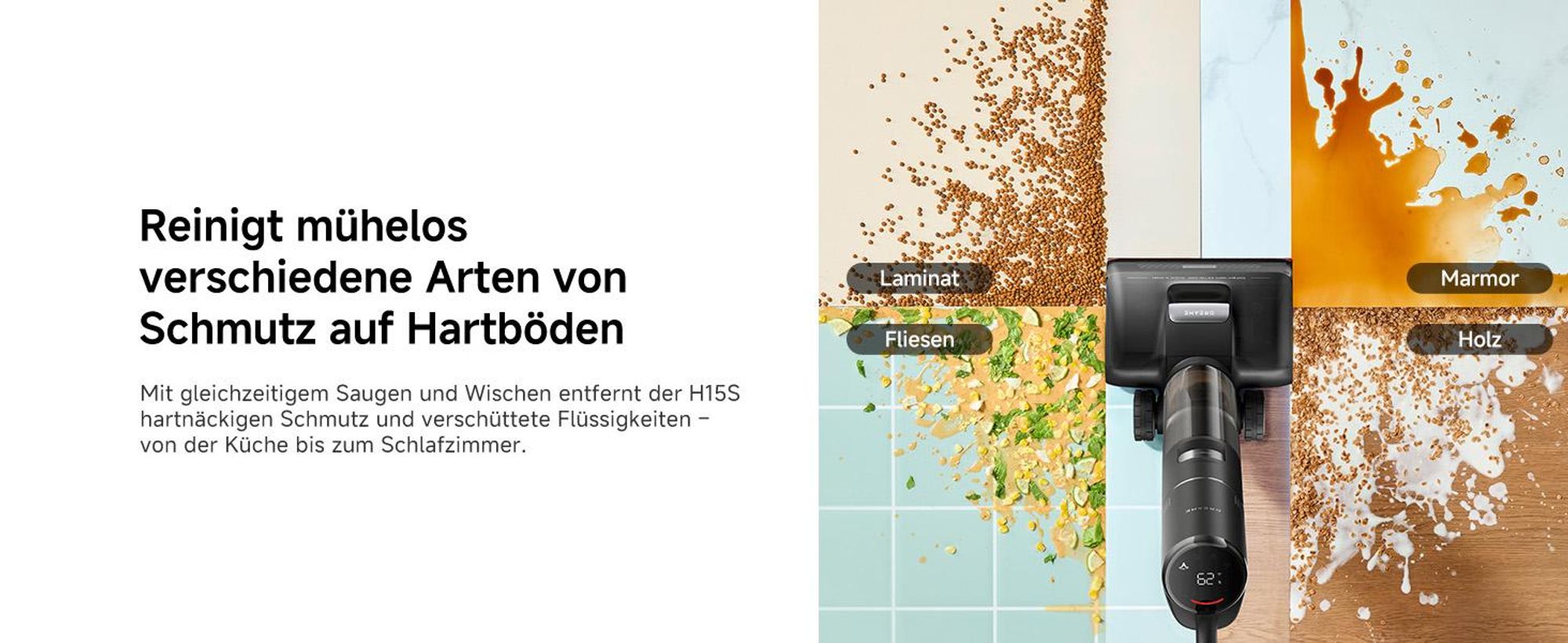 Dreame H15S Nass- und Trockensauger,3-fache Kantenreinigung,KI-Roboterarm,21000Pa Saugkraft,verhedderungsfrei,leise 90°C Trocknung,flaches 180°-Design