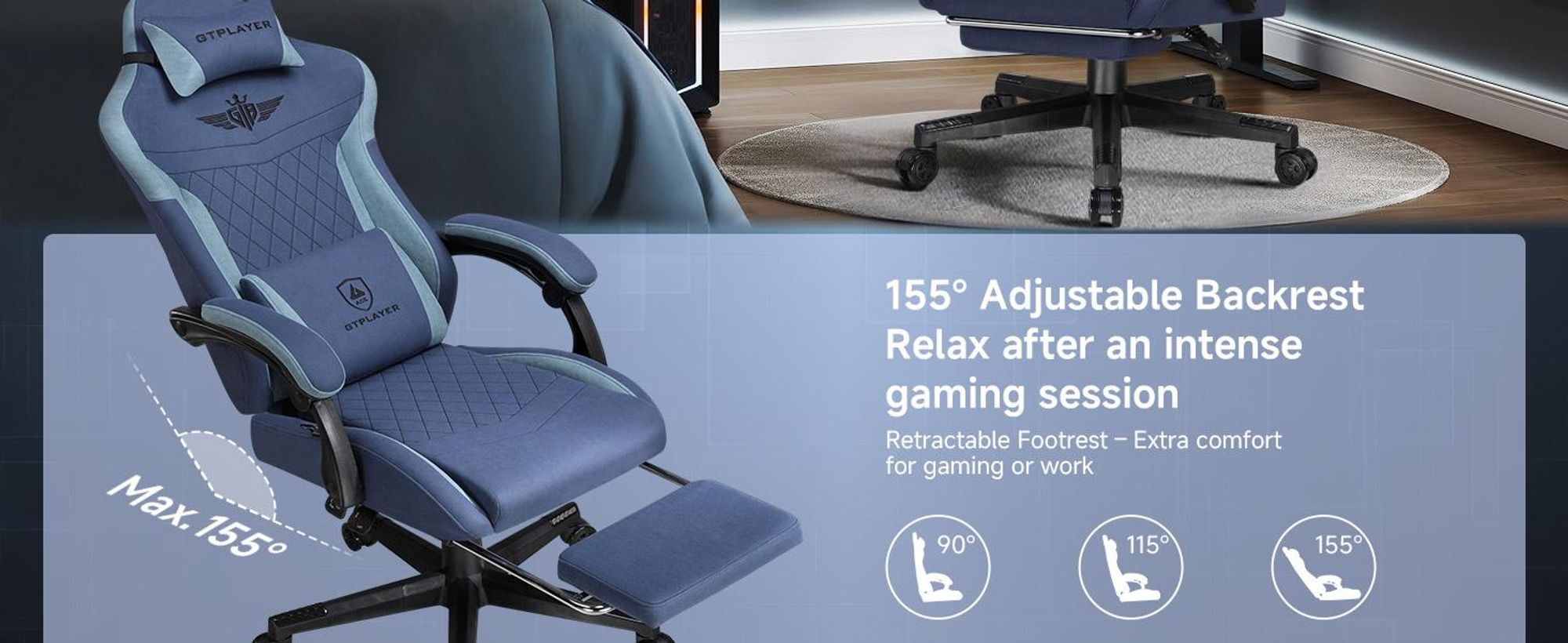 GTPLAYER Herní židle, Ergonomická herní židle z látky s bederní opěrkou, židle k PC s rozšířeným opěradlem, nosnost až 150 kg, tmavá