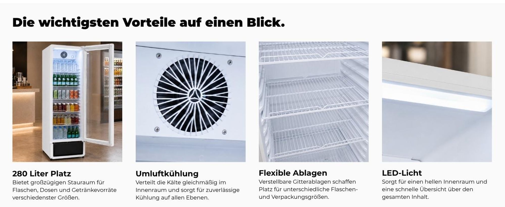 Exquisit Glastürkühlschrank, 280l Getränkekühlschrank mit LED, Umluft, 5 verstellbare Ablagen, CoolPro, GKS5260-GT-431D weiss