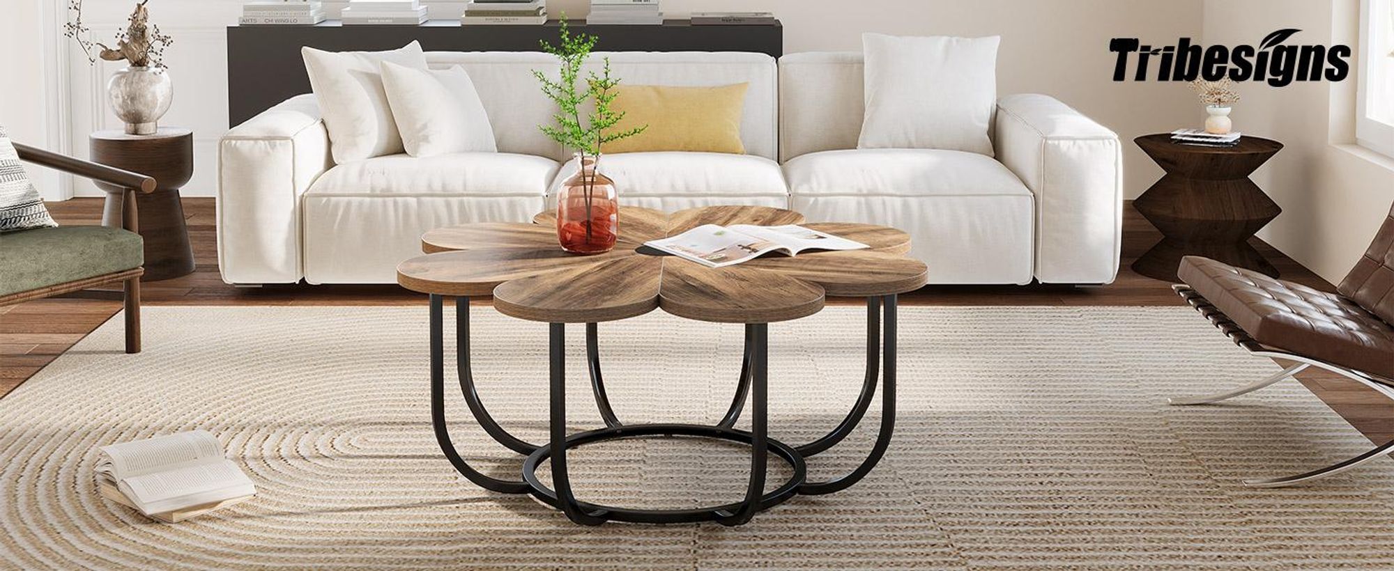 Tavolino Tribesigns, alto 100 cm, moderno centrotavola d'accento con piano in legno a forma di fiore e struttura in metallo per il soggiorno