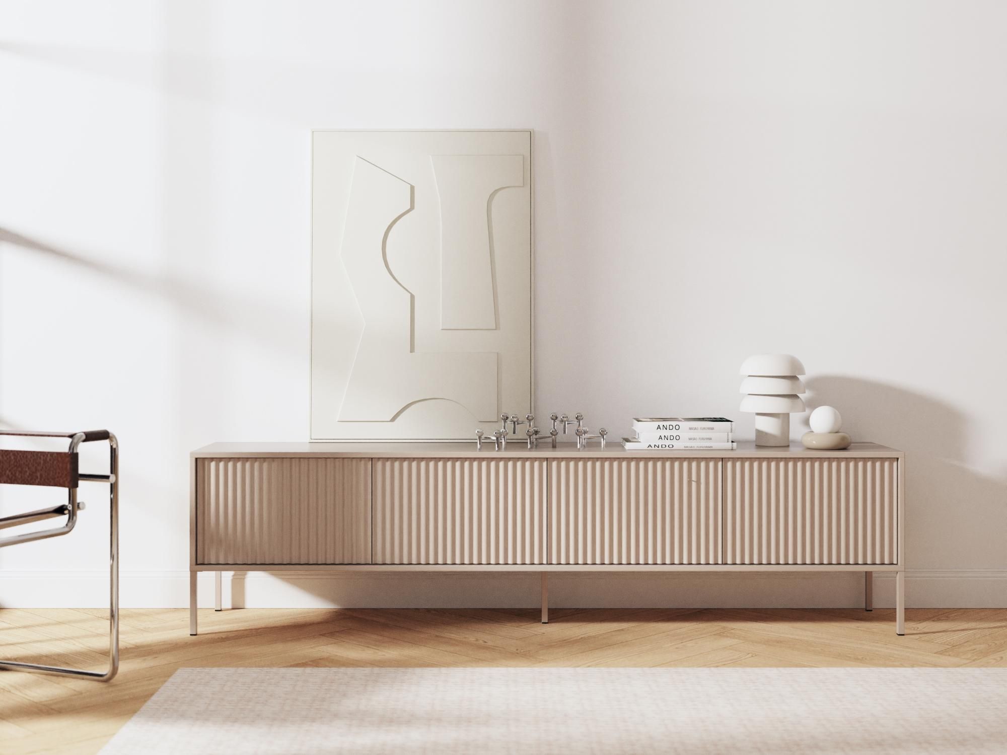 BEAUTYSOFA | TV-Schrank NOTO 200 cm Kaschmir, Fernseherschrank mit 4 Türen, offene Ablage und geriffelten Fronten, Push-to-Open-System