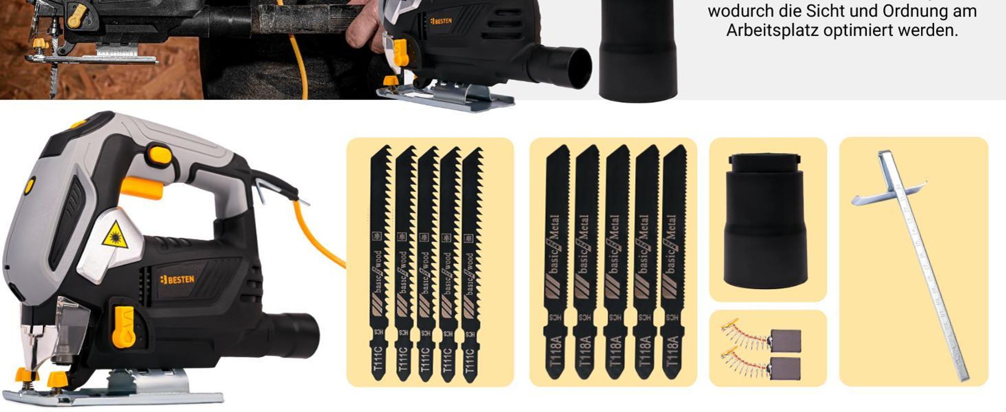 Stichsäge Elektrisch BESTEN BE0002902 Für Holz und Metall Mit Laser + Sägeblätter