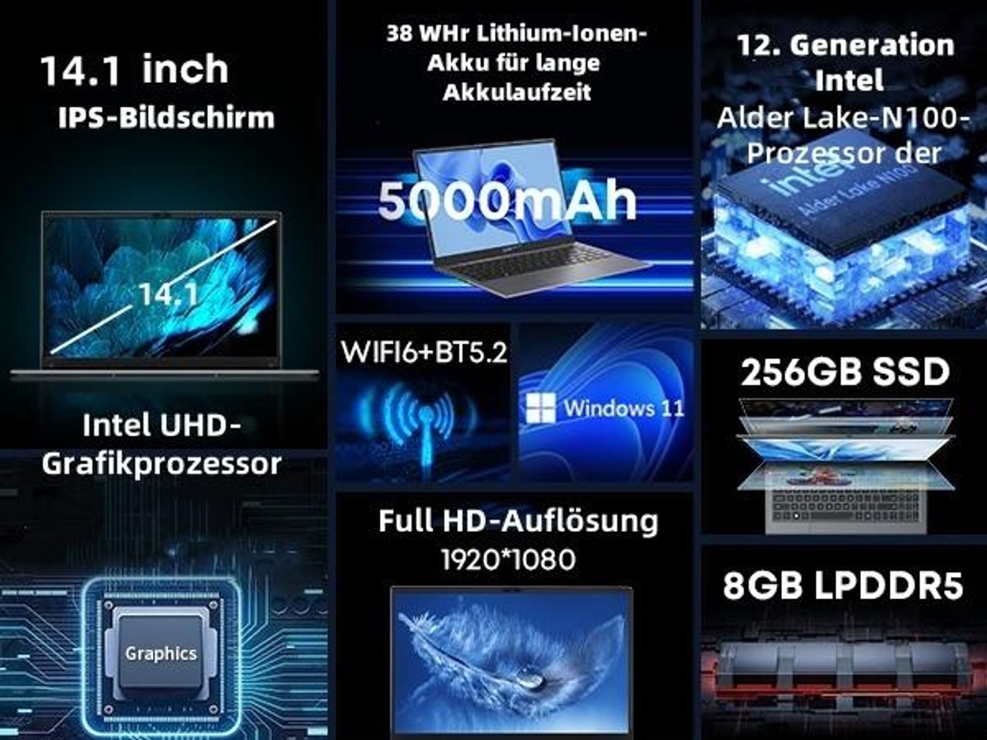 Laptop CHUWI GemiBook XPro - Prozessor Intel N100 14.1" Bildschirm Windows 11 8GB+256GB 5000mAh Akku - Grau
