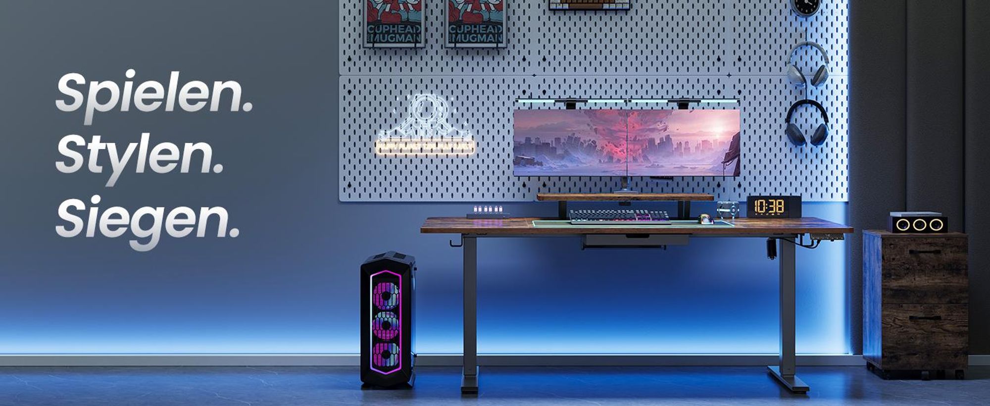 VASAGLE Höhenverstellbarer Schreibtisch, 140 cm, USB-C-Anschluss, Erinnerung bei langem Sitzen, flexibel montierbarer Monitorständer