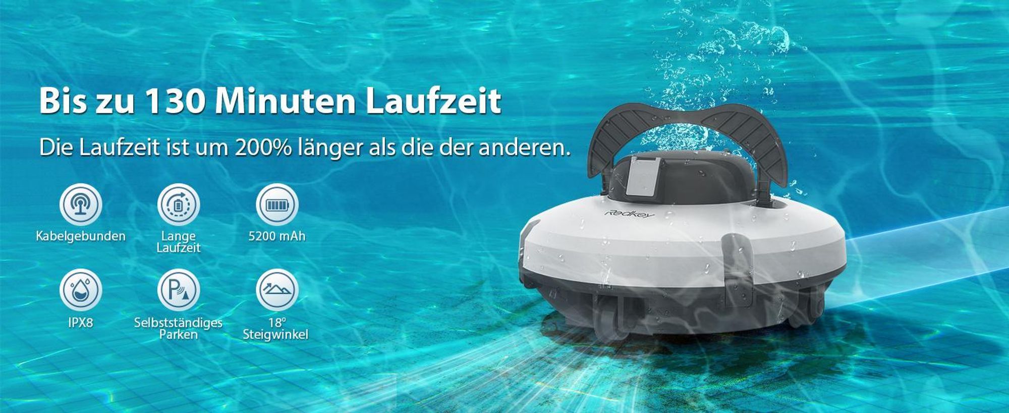 Redkey S100 Kabelloser Poolsauger für Bodenpool, automatischer Poolsauger hält 130 Minuten mit starker Saugkraft, 180μm für oberirdischen/flachen Pool