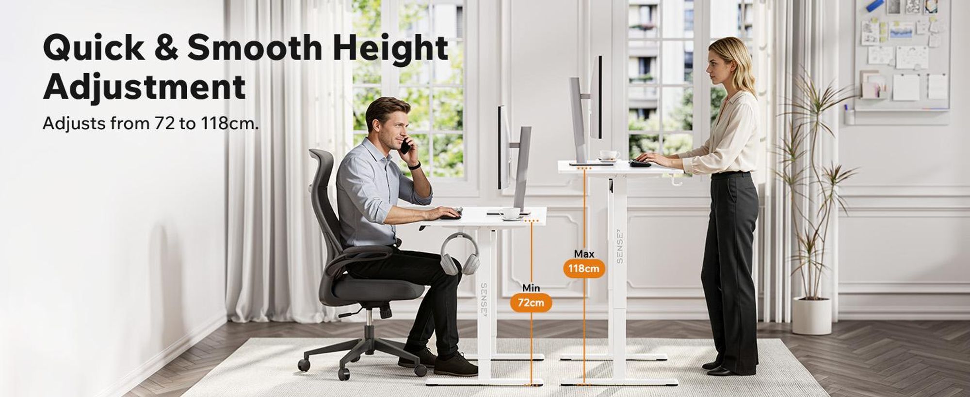 SENSE7 NOJO Light – elektricky výškovo nastaviteľný podstavec k písacímu stolu | 72–118 cm, pamäťová funkcia, držiak na slúchadlá, max. 70 kg, oceľový podstavec