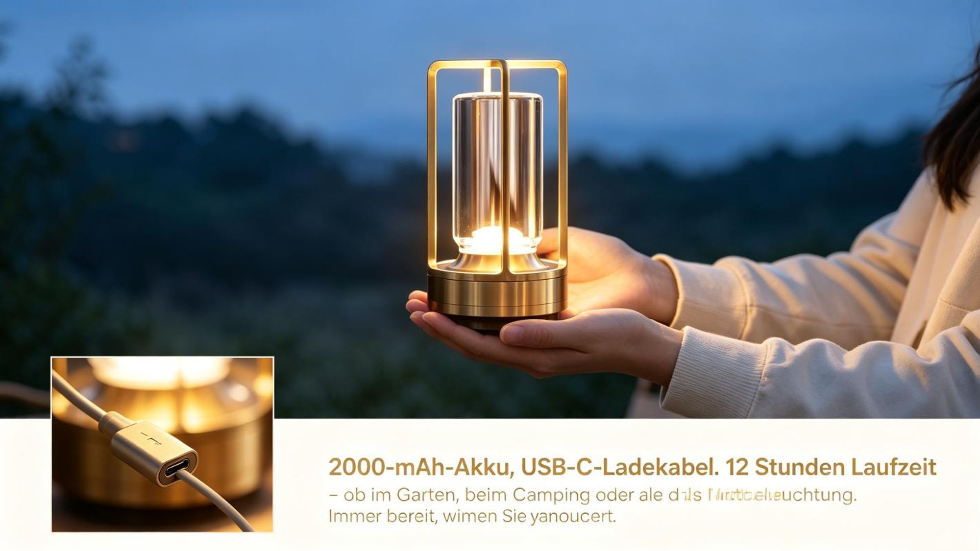 LED Touch Tischlampe Kabellose, Nachttischlampen 2000mAh, 3-Farben Stufenlos Dimmbar, USB wiederaufladbar Campinglampen, Gold, für Camping & Zuhause