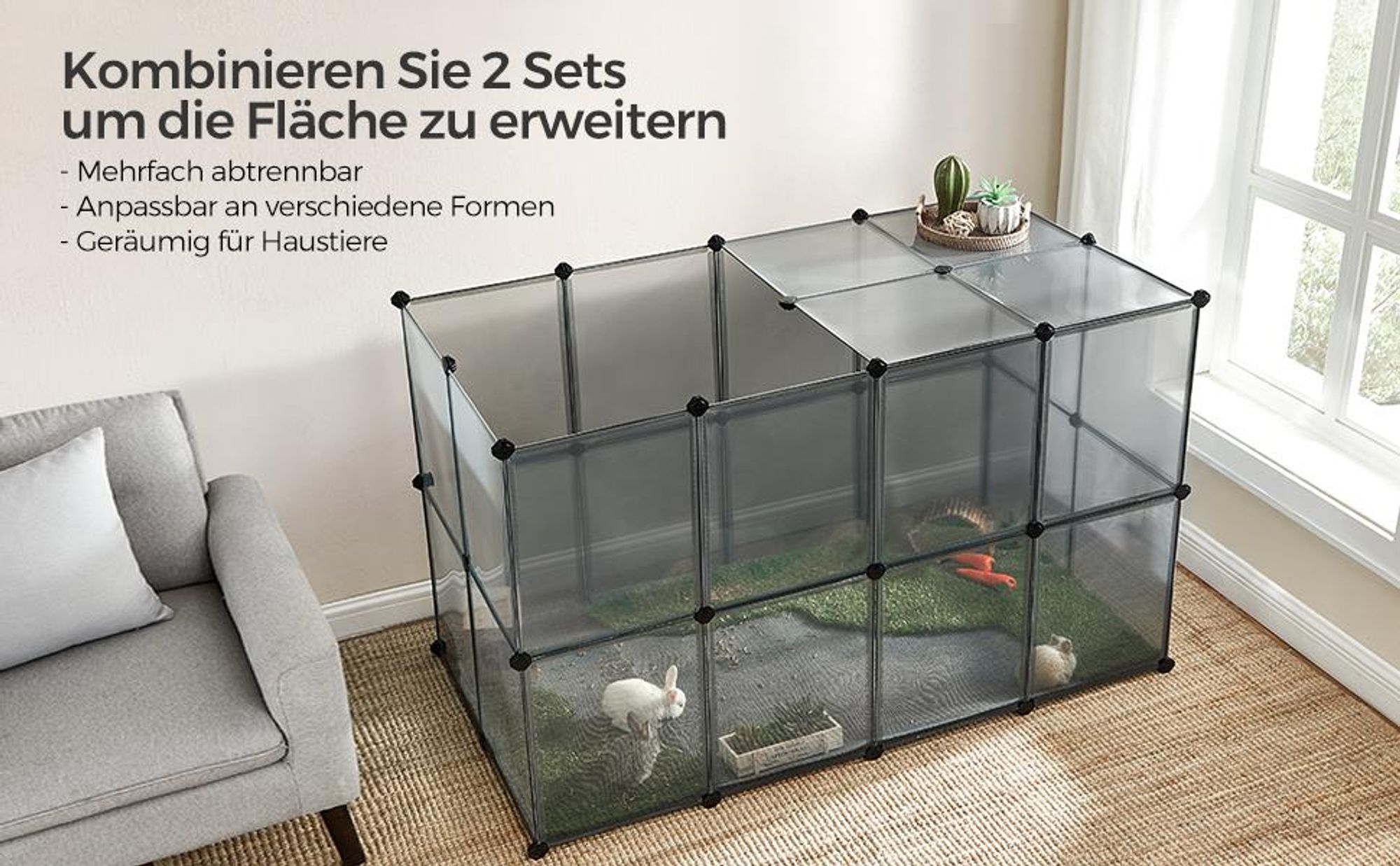 SONGMICS Kleintierkäfig, Freigehege mit Bodenplatten, 143 x 73 x 46 cm, grau