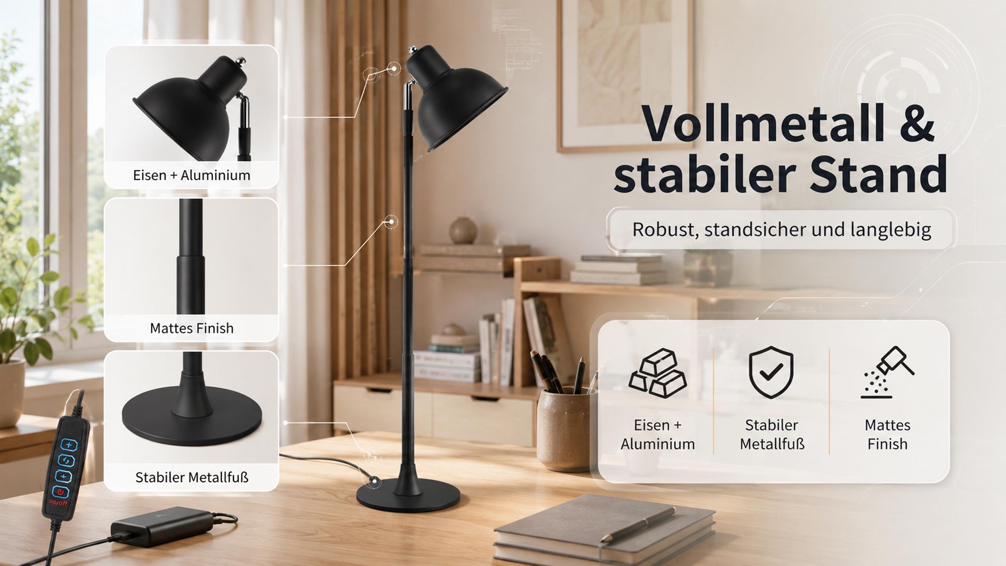 LED Tischlampe Höhenverstellbar 45-145cm - 2-in-1 Stehleuchte Schwarz mit USB Dimmbar 3 Lichtfarben 150° Drehbar Leselampe für Wohnzimmer Nachttisch