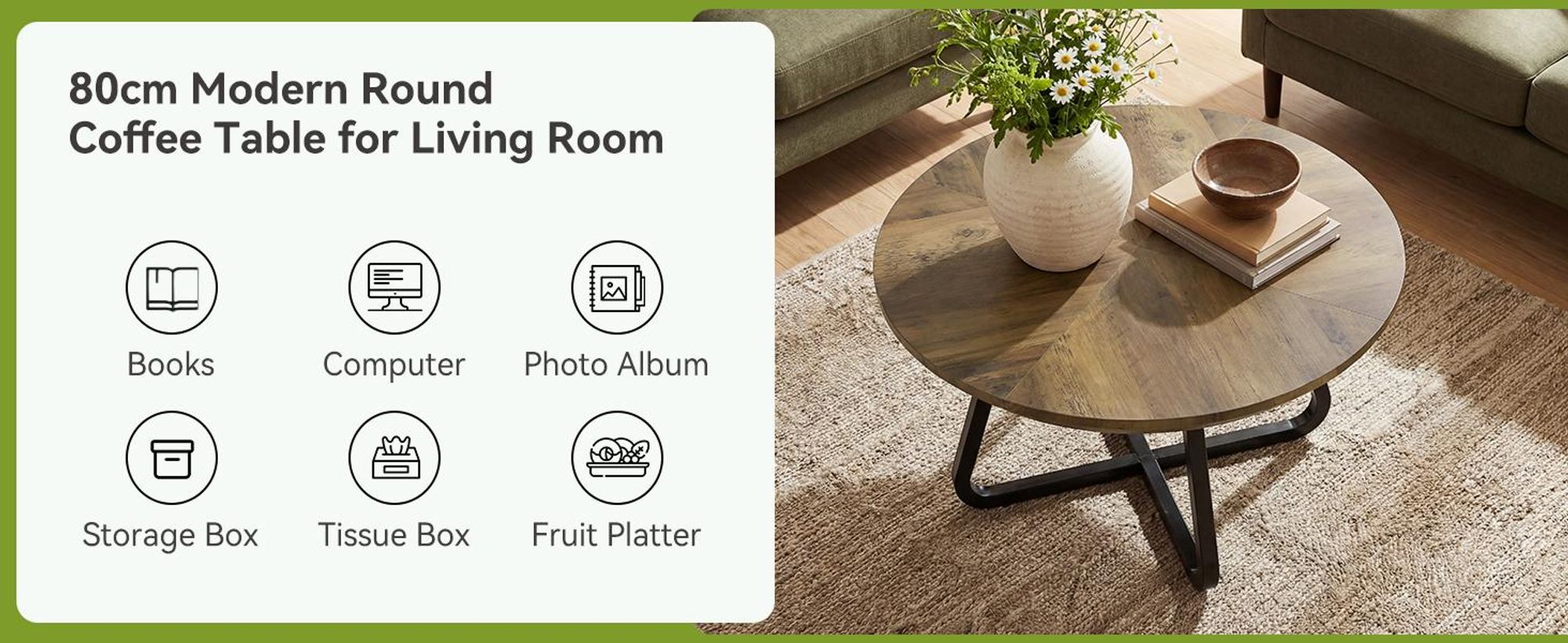 Tribesigns Runder Couchtisch 80 cm, Moderner Kaffeetisch in Holz-Optik, Industrial mit Metallbeinen, Platzsparend für Wohnzimmer, Rustikales Braun