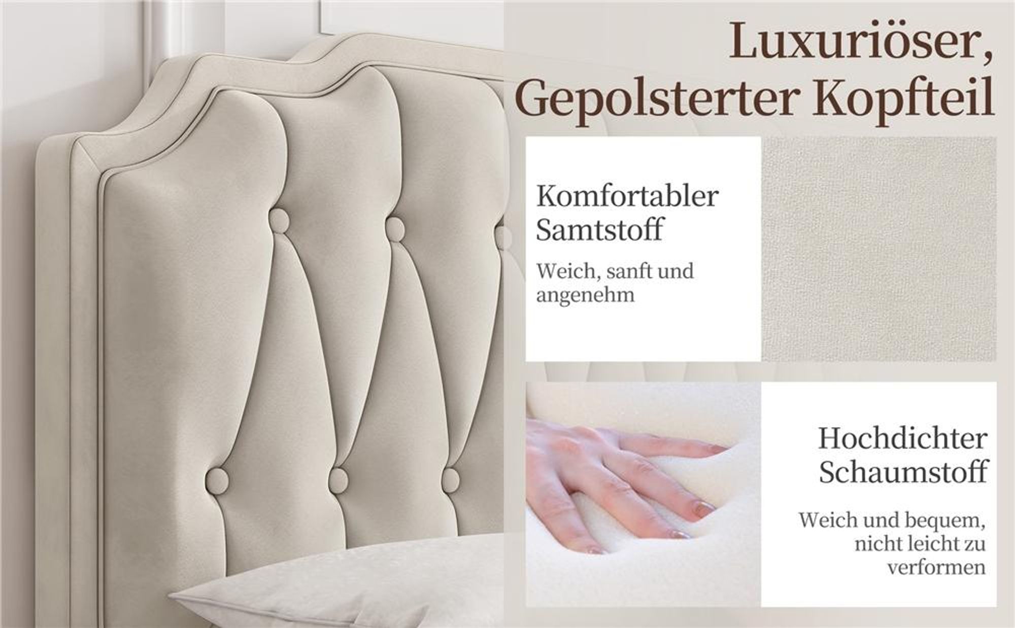Yaheetech Polsterbett mit höhenverstellbarem Kopfteil Doppelbett 140×200cm Stoffbett Jugendbett Gepolstertes Bett Bettrahmen mit Lattenrost Beige