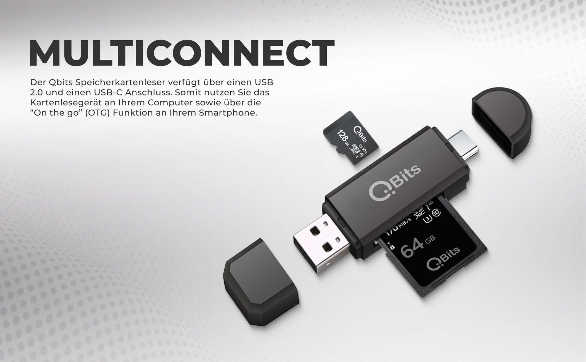 Qbits SD/Micro SD Kartenleser USB-C OTG Adapter und USB 2.0 Kartenlesegerät für Speicherkarten SDXC, SDHC, SD, MMC, RS-MMC, Micro SDXC, Micro SD, Micro SDHC Karte und UHS-I Karten