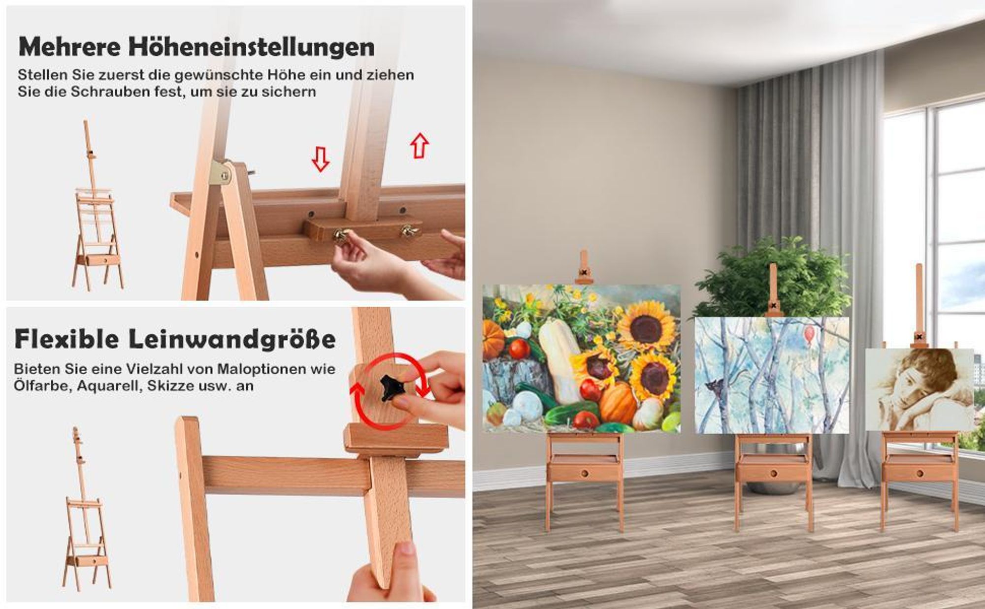 COSTWAY Staffelei mit Ablage & Schublade, Standstaffelei verstellbar, Bodenstaffelei bis 92cm, Buchenholz