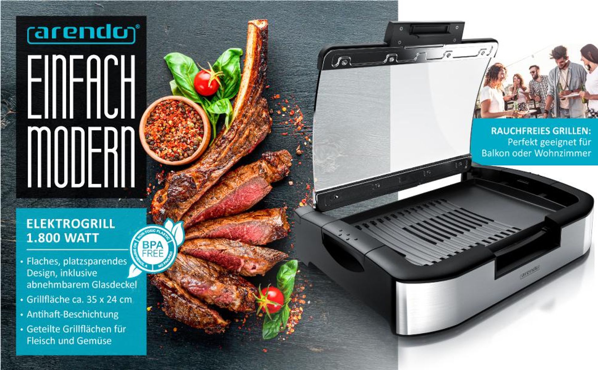 Arendo Gourmet Tischgrill mit Glasabdeckung - Elektrogrill - Barbecue - für Steaks, Würstchen, Fisch, Meeresfrüchte, Gemüse, Pilze u.v.m. - für Balkon, Garten, Indoor