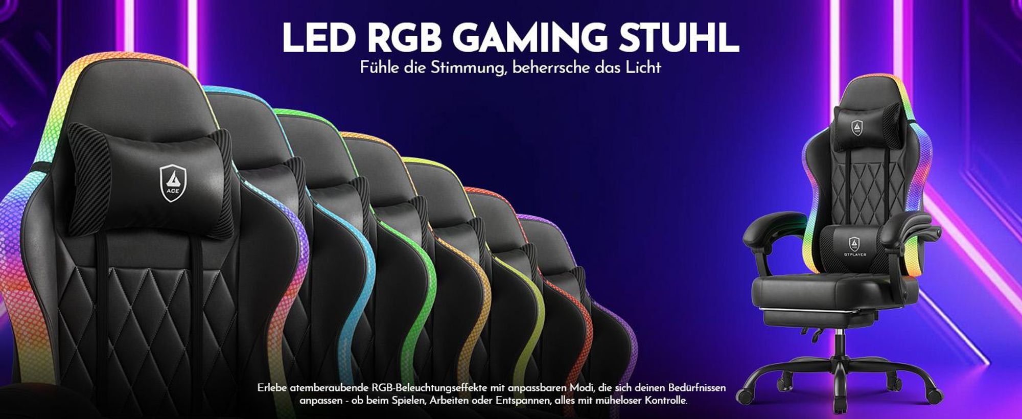 GTPLAYER Gaming Stuhl, Bürostuhl, Gaming Chair mit LED Lichtleiste, Gamer Stuhl, Rückenlehne mit Aufbewahrungstasche Ergonomischer PC Stuhl