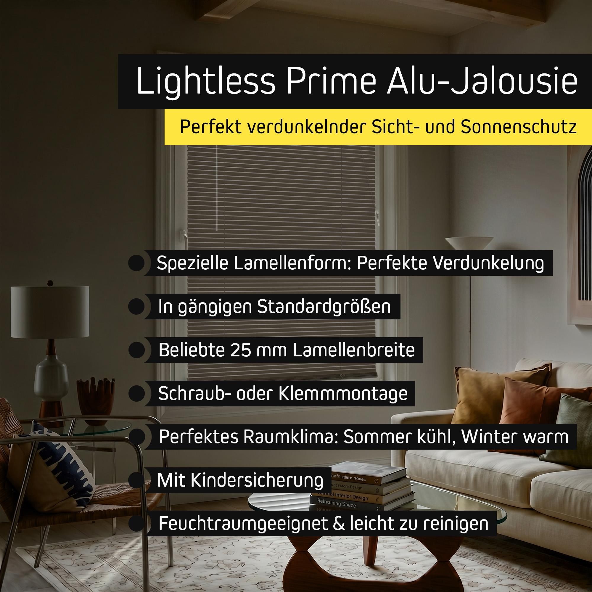 LightLess Prime Aluminium-Jalousie, 25 mm, verdunkelnd, 60 x 200 cm, weiß matt ohne Bohren, L-Lamellen, Sichtschutz & Hitzeschutz, robust, feuchtraumgeeignet, einfache Montage Victoria M.